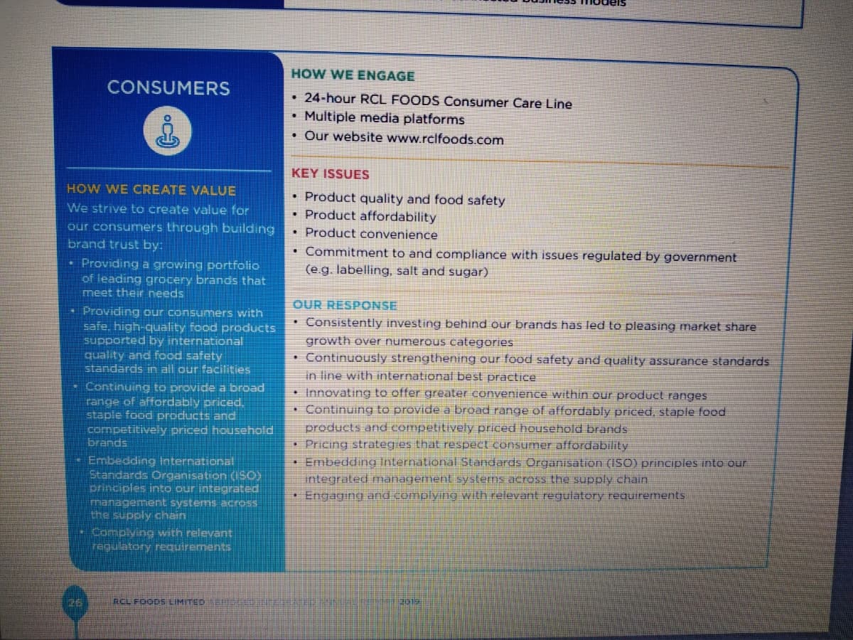 HOW WE ENGAGE
CONSUMERS
24-hour RCL FOODS Consumer Care Line
• Multiple media platforms
• Our website www.rclfoods.com
KEY ISSUES
HOW WE CREATE VALUE
• Product quality and food safety
• Product affordability
• Product convenience
We strive to create value for
our consumers through building
brand trust by:
• Commitment to and compliance with issues regulated by government
(e.g. labelling, salt and sugar)
- Providing a growing portfolio
of leading grocery brands that
meet their needs.
Providing our consumers with
safe, high-quality food products
supported by international
quality and food safety
standards in all our facilities
OUR RESPONSE
• Consistently investing behind our brands has led to pleasing market share
growth over numerous categories
• Continuously strengthening our food safety and quality assurance standards
in line with international best practice
• Innovating to offer greater convenience within our product ranges
Continuing to provide a Dbroad range of affordably priced, staple food
products and competitively priced household brands
• Pricing strategies that respect consumer affordability
Embedding International Standards Organisation (1SO) principles into our
integrated management systerns across the supply chain
Engaging and complyng with relevant regulatory requirements
Continuing to provide a broad
range of affordably priced.
staple food products and
competitively priced household
brands
Embedding international
Standards Organisation (ISCO
principles into our integrated
management systems acress.
the supply cnain
Complying with relevant
regulatory requirements
26
RCL FOODS LIMITED E em
