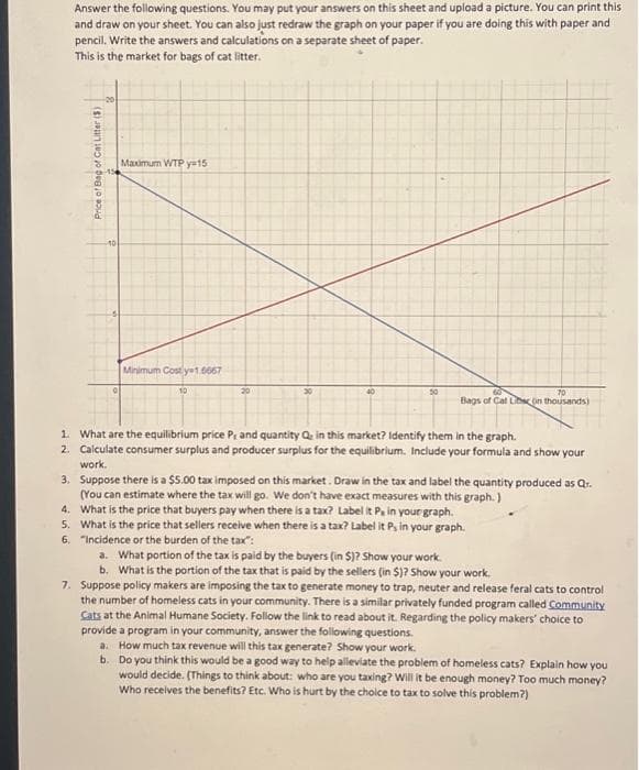 Answer the following questions. You may put your answers on this sheet and upload a picture. You can print this
and draw on your sheet. You can also just redraw the graph on your paper if you are doing this with paper and
pencil. Write the answers and calculations on a separate sheet of paper.
This is the market for bags of cat litter.
Price of Bag of Cat Litter (5)
10
Maximum WTP y=15
Minimum Costly 1.6667
10
20
50
70
Bags of Cat Libec (in thousands)
1. What are the equilibrium price P, and quantity Q, in this market? Identify them in the graph.
2. Calculate consumer surplus and producer surplus for the equilibrium. Include your formula and show your
work.
3. Suppose there is a $5.00 tax imposed on this market. Draw in the tax and label the quantity produced as Qr.
(You can estimate where the tax will go. We don't have exact measures with this graph.)
4. What is the price that buyers pay when there is a tax? Label it P, in your graph.
5. What is the price that sellers receive when there is a tax? Label it Ps in your graph.
6. "Incidence or the burden of the tax":
a. What portion of the tax is paid by the buyers (in $)? Show your work.
b. What is the portion of the tax that is paid by the sellers (in $)? Show your work.
7. Suppose policy makers are imposing the tax to generate money to trap, neuter and release feral cats to control
the number of homeless cats in your community. There is a similar privately funded program called Community
Cats at the Animal Humane Society. Follow the link to read about it. Regarding the policy makers' choice to
provide a program in your community, answer the following questions.
a. How much tax revenue will this tax generate? Show your work.
b. Do you think this would be a good way to help alleviate the problem of homeless cats? Explain how you
would decide. (Things to think about: who are you taxing? Will it be enough money? Too much money?
Who receives the benefits? Etc. Who is hurt by the choice to tax to solve this problem?)