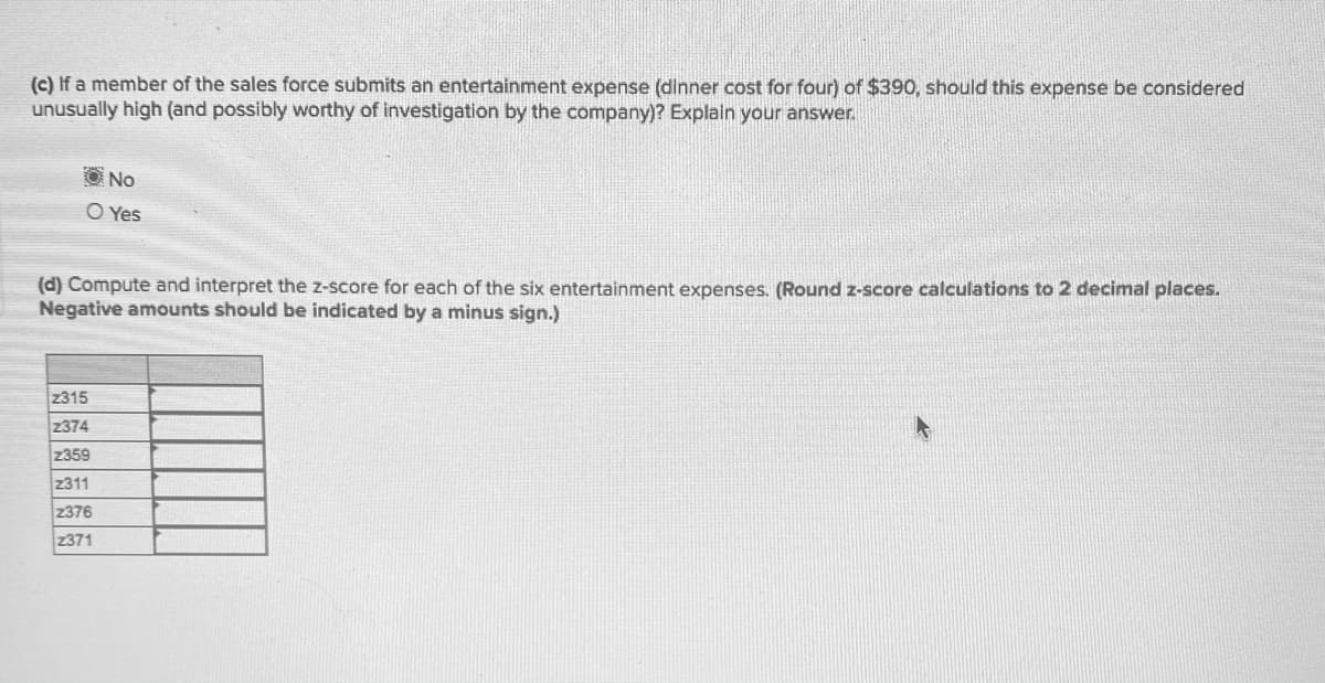 (c) If a member of the sales force submits an entertainment expense (dinner cost for four) of $390, should this expense be considered
unusually high (and possibly worthy of investigation by the company)? Explain your answer.
O No
O Yes
(d) Compute and interpret the z-score for each of the six entertainment expenses. (Round z-score calculations to 2 decimal places.
Negative amounts should be indicated by a minus sign.)
z315
z374
z359
2311
2376
z371
