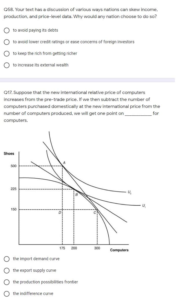 Q58. Your text has a discussion of various ways nations can skew income,
production, and price-level data. Why would any nation choose to do so?
to avoid paying its debts
to avoid lower credit ratings or ease concerns of foreign investors
to keep the rich from getting richer
to increase its external wealth
Q17. Suppose that the new international relative price of computers
increases from the pre-trade price. If we then subtract the number of
computers purchased domestically at the new international price from the
number of computers produced, we will get one point on
for
computers.
Shoes
500
225
U,
150
175
200
300
Computers
the import demand curve
the export supply curve
the production possibilities frontier
O the indifference curve
O O O O
