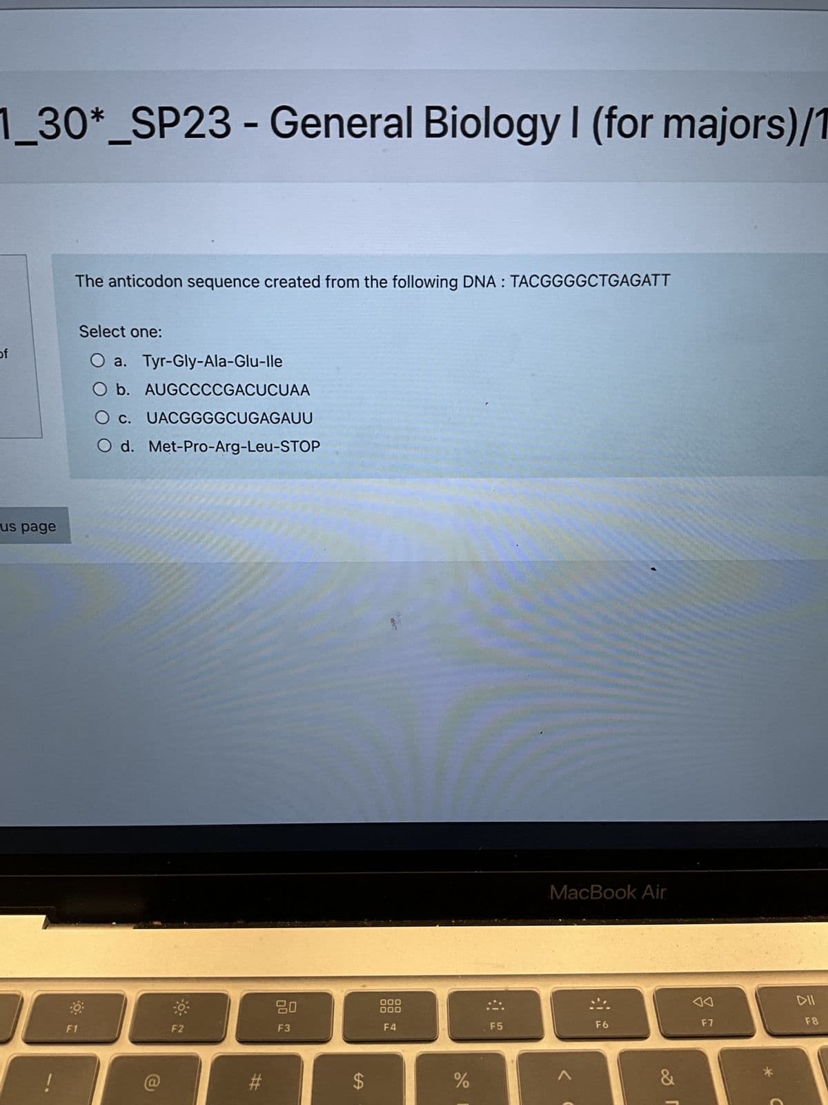 1_30*_SP23 - General Biology I (for majors)/1
of
us page
The anticodon sequence created from the following DNA: TACGGGGCTGAGATT
F1
Select one:
O a. Tyr-Gly-Ala-Glu-lle
O b. AUGCCCCGACUCUAA
c. UACGGGGCUGAGAUU
O d. Met-Pro-Arg-Leu-STOP
F2
#
80
F3
$
000
000
F4
%
F5
MacBook Air
F6
&
r
F7
DII
F8