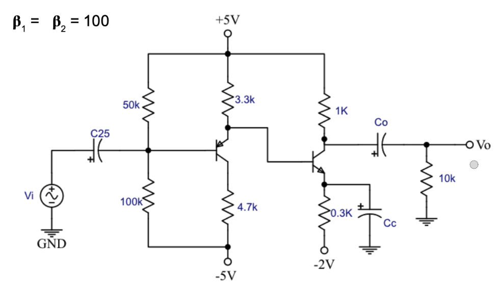 B, = 100
+5V
%3D
%3D
3.3k
50k
1K
Co
C25
O Vo
10k
Vi
100k
4.7k
*0.3K
Сс
GND
-2V
-5V
