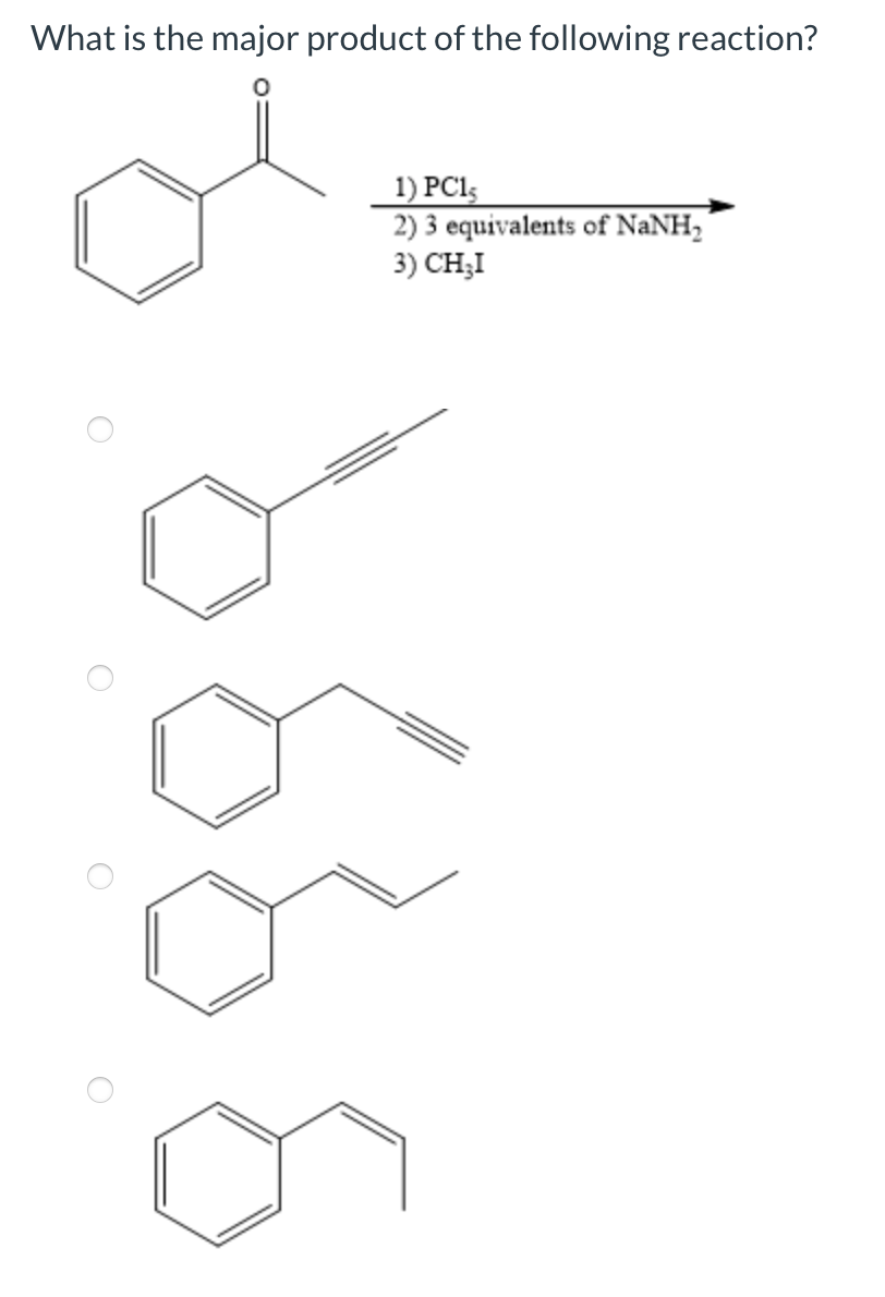 What is the major product of the following reaction?
O
O
1) PC1;
2) 3 equivalents of NaNH₂
3) CH;I