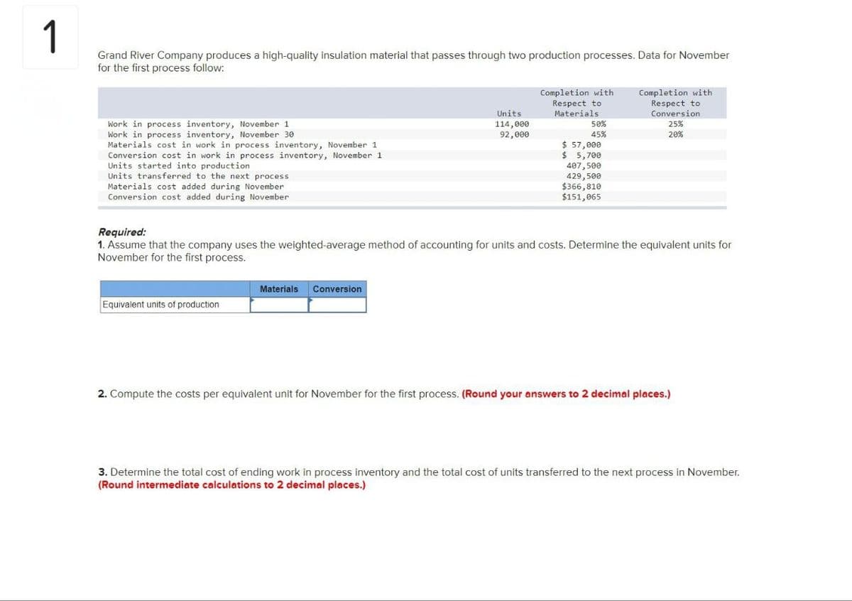 1
Grand River Company produces a high-quality insulation material that passes through two production processes. Data for November
for the first process follow:
Work in process inventory, November 1
Work in process inventory, November 30
Materials cost in work in process inventory, November 1
Conversion cost in work in process inventory, November 1
Units started into production
Units transferred to the next process
Materials cost added during November
Conversion cost added during November
Units
Completion with
Respect to
Materials
114,000
50%
Completion with
Respect to
Conversion
25%
92,000
45%
20%
$ 57,000
$ 5,700
407,500
429,500
$366,810
$151,065
Required:
1. Assume that the company uses the weighted-average method of accounting for units and costs. Determine the equivalent units for
November for the first process.
Equivalent units of production
Materials Conversion
2. Compute the costs per equivalent unit for November for the first process. (Round your answers to 2 decimal places.)
3. Determine the total cost of ending work in process inventory and the total cost of units transferred to the next process in November.
(Round intermediate calculations to 2 decimal places.)