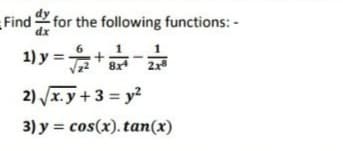 Find for the following functions: -
dx
1) y =.
8x
2x
2) x.y+3 = y?
3) y = cos(x). tan(x)
