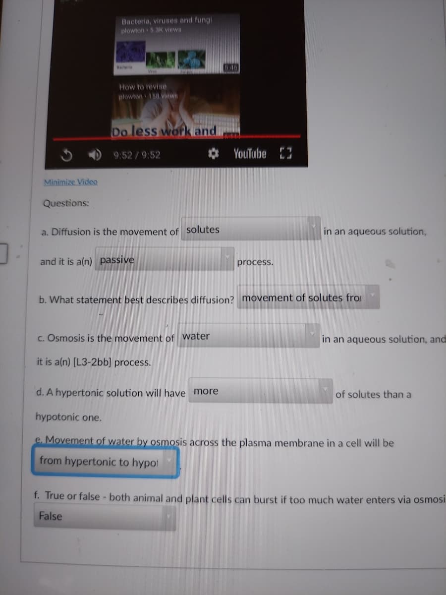 Bacteria, viruses and fungi
plowton 5.3K views
Bacteria
How to revise
plowton 158 views
Do less workand
9:52/9:52
* YouTube
Minimize Video
Questions:
a. Diffusion is the movement of solutes
in an aqueous solution,
and it is a(n) passive
process.
b. What statement best describes diffusion? movement of solutes froi
c. Osmosis is the movement of Water
in an aqueous solution, and.
it is a(n) [L3-2bb] process.
d. A hypertonic solution will have more
of solutes than a
hypotonic one.
e. Movement of water by osmosis across the plasma membrane in a cell will be
from hypertonic to hypot
f. True or false - both animal and plant cells can burst if too much water enters via osmosi
False
