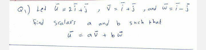 Q) Let û = 27 45,Vzi+3 , and w=i-5
find
Scalars
and b
such that
- av + bw
