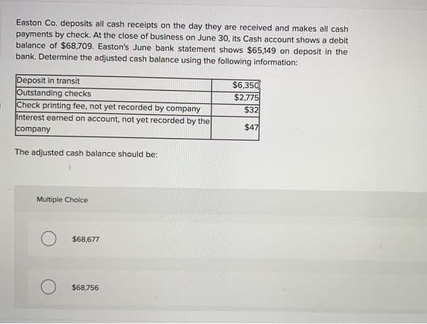 Easton Co. deposits all cash receipts on the day they are received and makes all cash
payments by check. At the close of business on June 30, its Cash account shows a debit
balance of $68,709. Easton's June bank statement shows $65,149 on deposit in the
bank. Determine the adjusted cash balance using the following information:
Deposit in transit
Outstanding checks
Check printing fee, not yet recorded by company
Interest earned on account, not yet recorded by the
company
The adjusted cash balance should be:
Multiple Choice
$68,677
$68,756
$6,350
$2,775
$32
$47