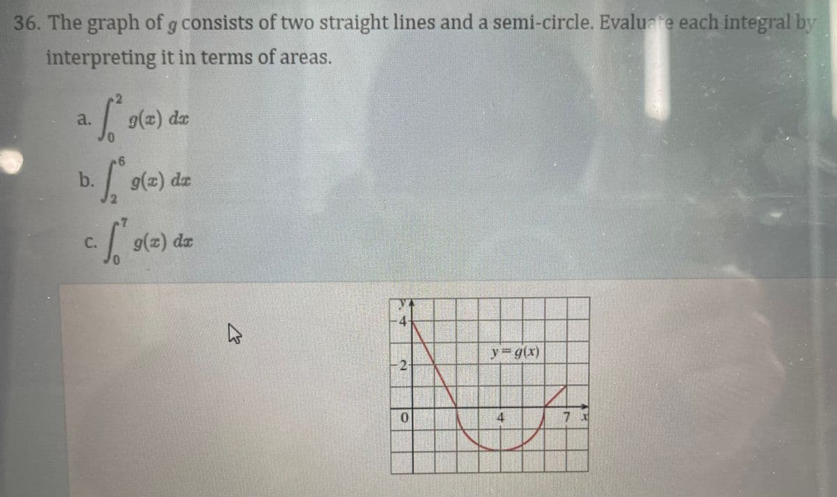 36. The graph of g consists of two straight lines and a semi-circle. Evaluate each integral by
interpreting it in terms of areas.
a.
[².
b.
6
C.
S
0
g(x) da
g(x) da
g(z) de
K
2
0
y= g(x)
7