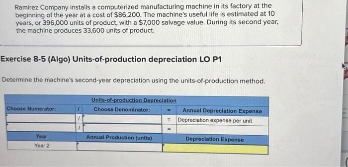 Ramirez Company installs a computerized manufacturing machine in its factory at the
beginning of the year at a cost of $86,200. The machine's useful life is estimated at 10
years, or 396,000 units of product, with a $7,000 salvage value. During its second year,
the machine produces 33,600 units of product.
Exercise 8-5 (Algo) Units-of-production depreciation LO P1
Determine the machine's second-year depreciation using the units-of-production method.
Choose Numerator:
Year
Year 2
Units-of-production Depreciation
Choose Denominator:
Annual Production (units)
Annual Depreciation Expense
= Depreciation expense per unit
=
=
Depreciation Expense
Lu