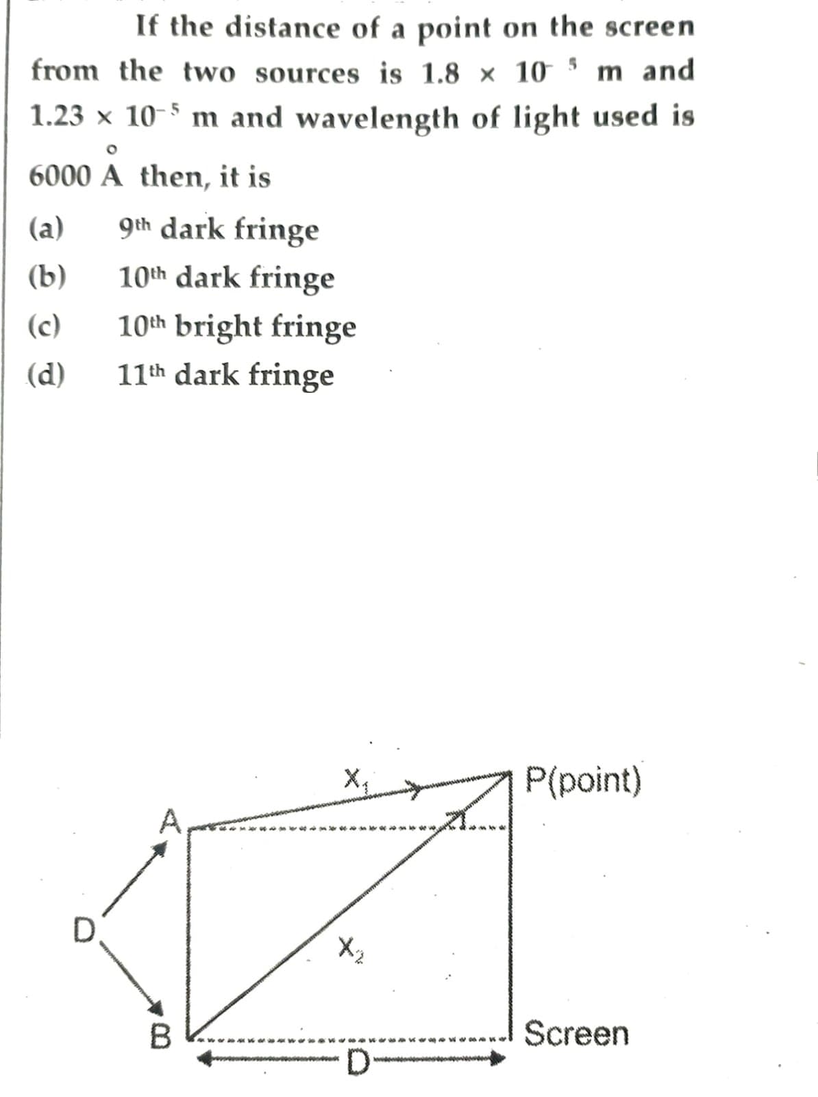 If the distance of a point on the screen
from the two sources is 1.8 x 10 m and
1.23 x 10-5 m and wavelength of light used is
6000 A then, it is
(a)
9th dark fringe
(b)
10th dark fringe
(c)
10th bright fringe
(d)
11th dark fringe
D
B
X₁
D
P(point)
Screen