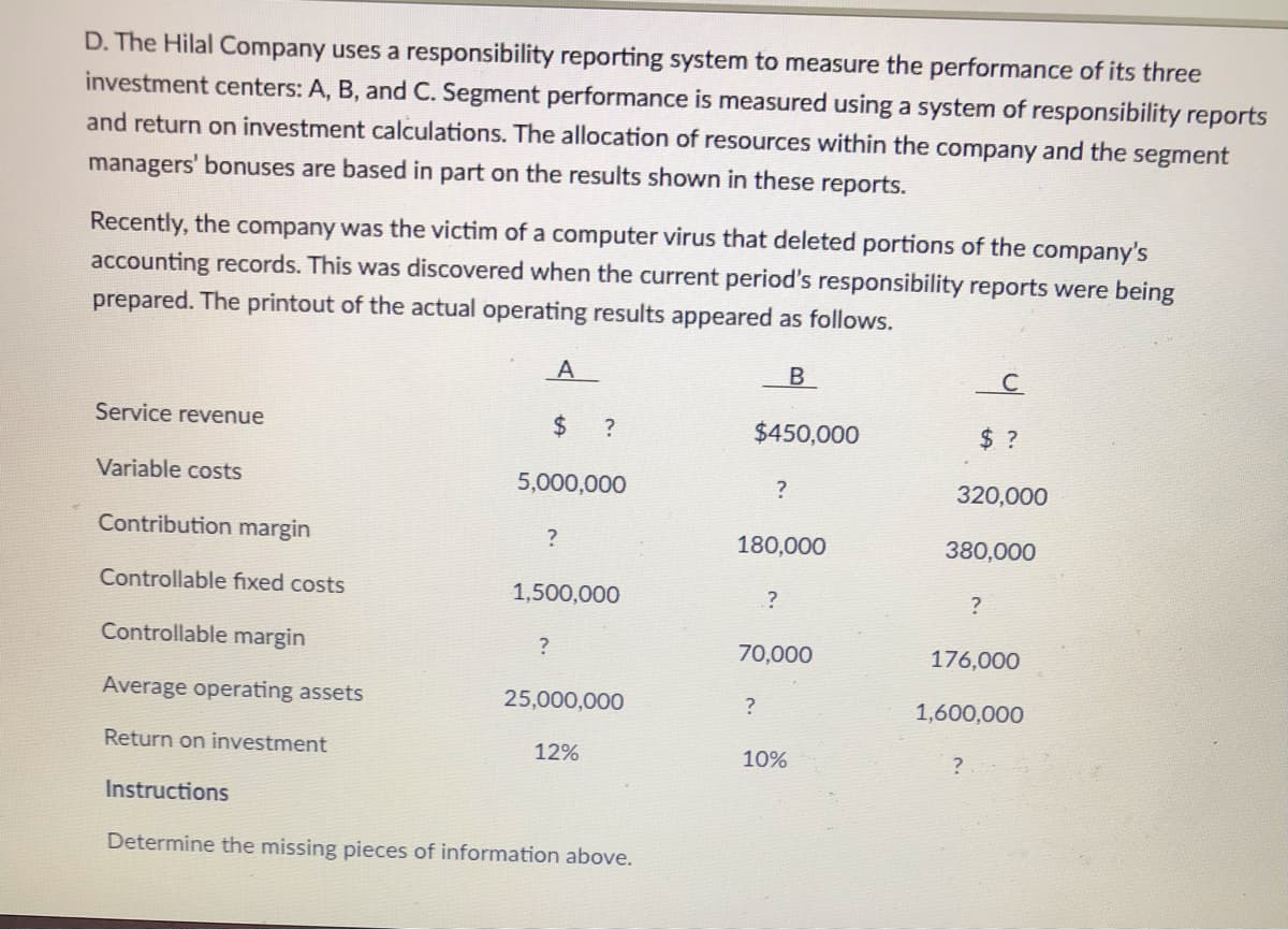 D. The Hilal Company uses a responsibility reporting system to measure the performance of its three
investment centers: A, B, and C. Segment performance is measured using a system of responsibility reports
and return on investment calculations. The allocation of resources within the company and the segment
managers' bonuses are based in part on the results shown in these reports.
Recently, the company was the victim of a computer virus that deleted portions of the company's
accounting records. This was discovered when the current period's responsibility reports were being
prepared. The printout of the actual operating results appeared as follows.
A
Service revenue
24
$450,000
$ ?
Variable costs
5,000,000
320,000
Contribution margin
180,000
380,000
Controllable fixed costs
1,500,000
Controllable margin
70,000
176,000
Average operating assets
25,000,000
1,600,000
Return on investment
12%
10%
Instructions
Determine the missing pieces of information above.
