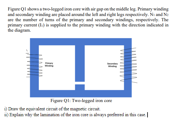 Figure Q1 shows a two-legged iron core with air gap on the middle leg. Primary winding
and secondary winding are placed around the left and right legs respectively. Nı and N2
are the number of turns of the primary and secondary windings, respectively. The
primary current (I1) is supplied to the primary winding with the direction indicated in
the diagram.
Primary
Winding
Secondary
Winding
Figure Ql: Two-legged iron core
i) Draw the equivalent circuit of the magnetic circuit.
ii) Explain why the lamination of the iron core is always preferred in this case.|
