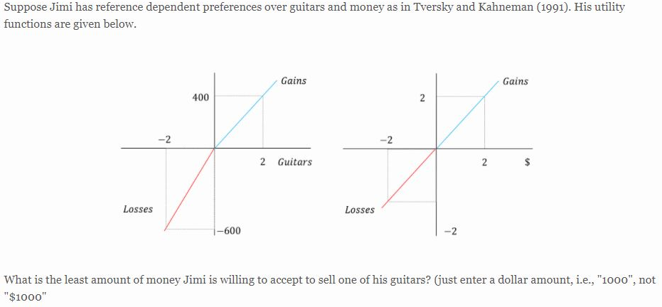Suppose Jimi has reference dependent preferences over guitars and money as in Tversky and Kahneman (1991). His utility
functions are given below.
Gains
Gains
400
-2
-2
2 Guitars
Losses
Losses
|-600
-2
What is the least amount of money Jimi is willing to accept to sell one of his guitars? (just enter a dollar amount, i.e., "1000", not
"$1000"
