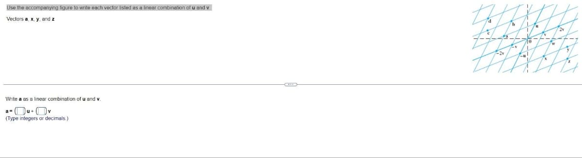 Use the accompanying figure to write each vector listed as a linear combination of u and v
Vectors a, x, y, and z
Write a as a linear combination of u and v
a=u+v
(Type integers or decimals.)
-2v
I
1/
70
Zu! 1x
A
y
12