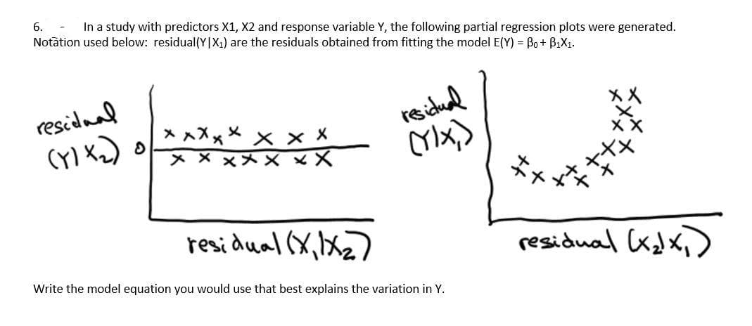 6.
In a study with predictors X1, X2 and response variable Y, the following partial regression plots were generated.
Notation used below: residual(Y|X₁) are the residuals obtained from fitting the model E(Y) = Bo + B₁X₁.
residual
(Y)X₂)
O
xxxxx
xxx
x x x xxx
residual (X, 1X₂)
residual
(Y)X,)
Write the model equation you would use that best explains the variation in Y.
XX
residual (x₂)x₁)