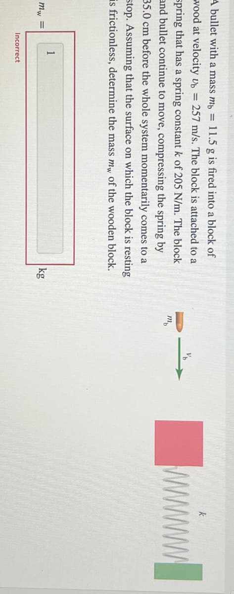 A bullet with a mass m₁ = 11.5 g is fired into a block of
wood at velocity Ub = 257 m/s. The block is attached to a
Spring that has a spring constant k of 205 N/m. The block
and bullet continue to move, compressing the spring by
35.0 cm before the whole system momentarily comes to a
stop. Assuming that the surface on which the block is resting
is frictionless, determine the mass my of the wooden block.
mw=
1
Incorrect
kg
ть
k