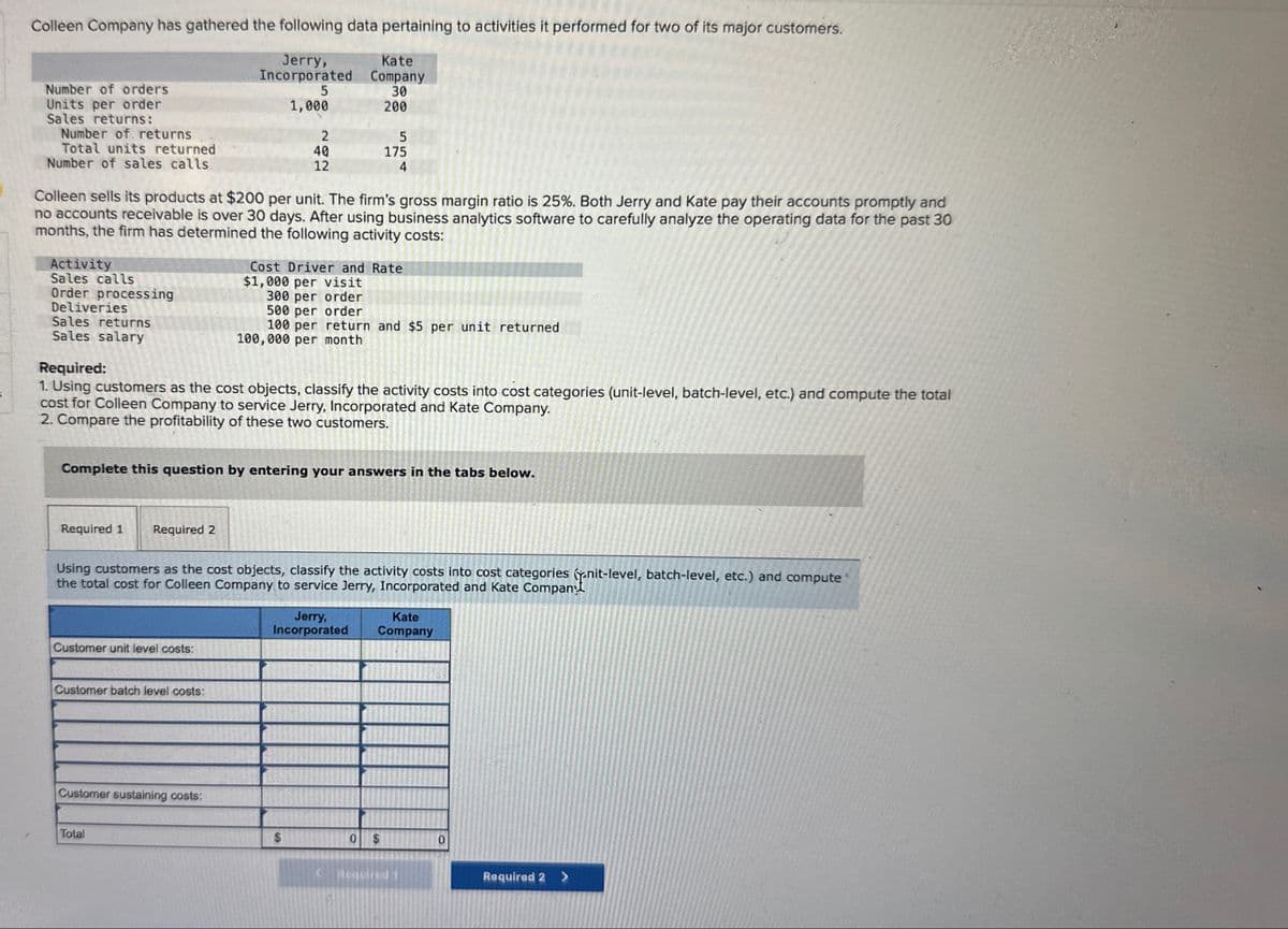 Colleen Company has gathered the following data pertaining to activities it performed for two of its major customers.
Number of orders
Units per order
Sales returns:
Number of returns
Jerry,
Incorporated
5
1,000
Kate
Company
30
200
202
40
12
175
4
51
5
Total units returned
Number of sales calls
Colleen sells its products at $200 per unit. The firm's gross margin ratio is 25%. Both Jerry and Kate pay their accounts promptly and
no accounts receivable is over 30 days. After using business analytics software to carefully analyze the operating data for the past 30
months, the firm has determined the following activity costs:
Activity
Sales calls
Deliveries
Cost Driver and Rate
$1,000 per visit
300 per order
500 per order
Order processing
100 per return and $5 per unit returned
100,000 per month
Sales returns
Sales salary
Required:
1. Using customers as the cost objects, classify the activity costs into cost categories (unit-level, batch-level, etc.) and compute the total
cost for Colleen Company to service Jerry, Incorporated and Kate Company.
2. Compare the profitability of these two customers.
Complete this question by entering your answers in the tabs below.
Required 1
Required 2
Using customers as the cost objects, classify the activity costs into cost categories (nit-level, batch-level, etc.) and compute
the total cost for Colleen Company to service Jerry, Incorporated and Kate Company
Jerry,
Incorporated
Kate
Company
Customer unit level costs:
Customer batch level costs:
Customer sustaining costs:
Total
$
0
Required 1
0
Required 2 >