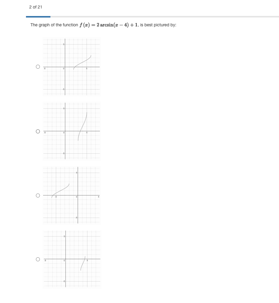 2 of 21
The graph of the function f (x) = 2 arcsin(x – 4)+1, is best pictured by:
