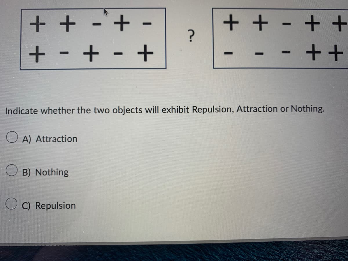 + + - +
+-+-+
OB) Nothing
1
OC) Repulsion
?
+ + - +
-
I
Indicate whether the two objects will exhibit Repulsion, Attraction or Nothing.
OA) Attraction
++
++