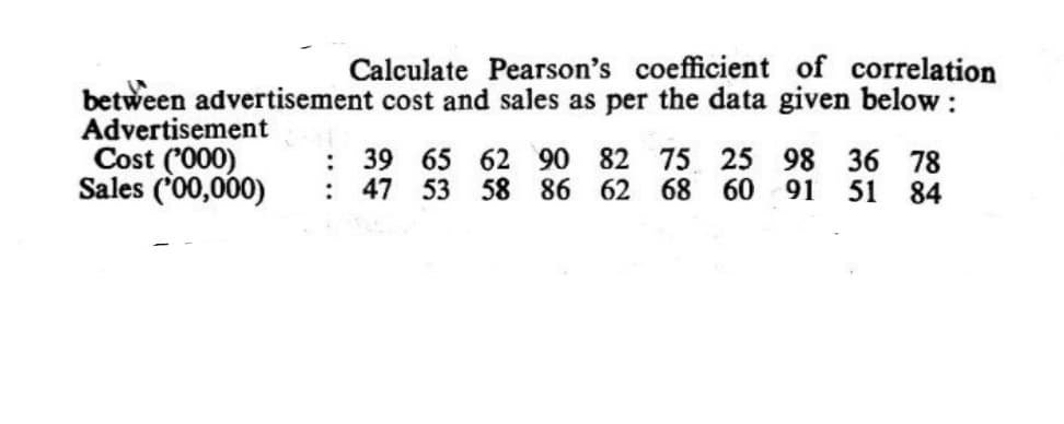 Calculate Pearson's coefficient of correlation
between advertisement cost and sales as per the data given below:
Advertisement
Cost ('000)
Sales ('00,000)
39 65 62 90 82 75 25 98 36 78
47 53 58 86 62 68 60
:
:
91 51 84
