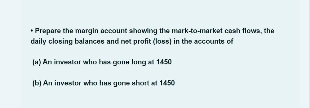 • Prepare the margin account showing the mark-to-market cash flows, the
daily closing balances and net profit (loss) in the accounts of
(a) An investor who has gone long at 1450
(b) An investor who has gone short at 1450
