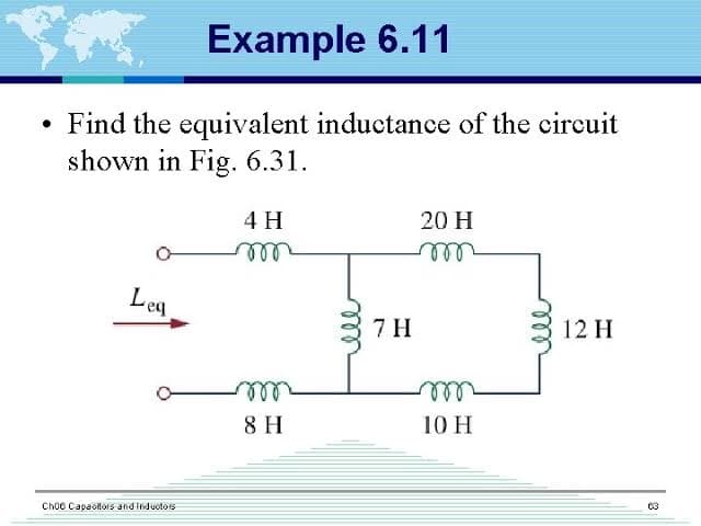 Example 6.11
• Find the equivalent inductance of the circuit
shown in Fig. 6.31.
Leg
Choc Capacitors and inductors
4 H
m
m
8 H
7 H
20 H
m
m
10 H
12 H
03