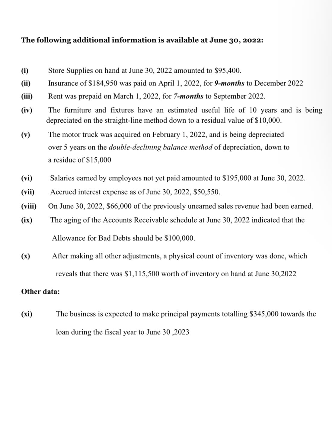 The following additional information is available at June 30, 2022:
(i)
(ii)
(iii)
(iv)
(v)
(vi)
(vii)
(viii)
(ix)
(x)
Store Supplies on hand at June 30, 2022 amounted to $95,400.
Insurance of $184,950 was paid on April 1, 2022, for 9-months to December 2022
Rent was prepaid on March 1, 2022, for 7-months to September 2022.
The furniture and fixtures have an estimated useful life of 10 years and is being
depreciated on the straight-line method down to a residual value of $10,000.
(xi)
The motor truck was acquired on February 1, 2022, and is being depreciated
over 5 years on the double-declining balance method of depreciation, down to
a residue of $15,000
Salaries earned by employees not yet paid amounted to $195,000 at June 30, 2022.
Accrued interest expense as of June 30, 2022, $50,550.
On June 30, 2022, $66,000 of the previously unearned sales revenue had been earned.
The aging of the Accounts Receivable schedule at June 30, 2022 indicated that the
Allowance for Bad Debts should be $100,000.
After making all other adjustments, a physical count of inventory was done, which
reveals that there was $1,115,500 worth of inventory on hand at June 30,2022
Other data:
The business is expected to make principal payments totalling $345,000 towards the
loan during the fiscal year to June 30,2023