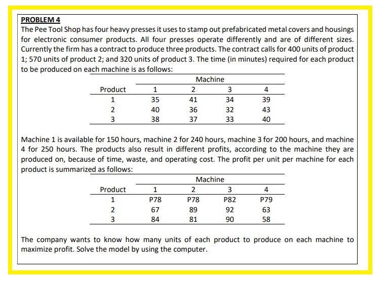PROBLEM 4
The Pee Tool Shop has four heavy presses it uses to stamp out prefabricated metal covers and housings
for electronic consumer products. All four presses operate differently and are of different sizes.
Currently the firm has a contract to produce three products. The contract calls for 400 units of product
1; 570 units of product 2; and 320 units of product 3. The time (in minutes) required for each product
to be produced on each machine is as follows:
Product
1
2
3
1
35
Product
1
2
3
40
38
1
P78
Machine
67
84
2
41
36
37
Machine 1 is available for 150 hours, machine 2 for 240 hours, machine 3 for 200 hours, and machine
4 for 250 hours. The products also result in different profits, according to the machine they are
produced on, because of time, waste, and operating cost. The profit per unit per machine for each
product is summarized as follows:
Machine
3
34
32
33
2
P78
89
81
4
39
43
40
3
P82
92
90
4
P79
63
58
The company wants to know how many units of each product to produce on each machine to
maximize profit. Solve the model by using the computer.