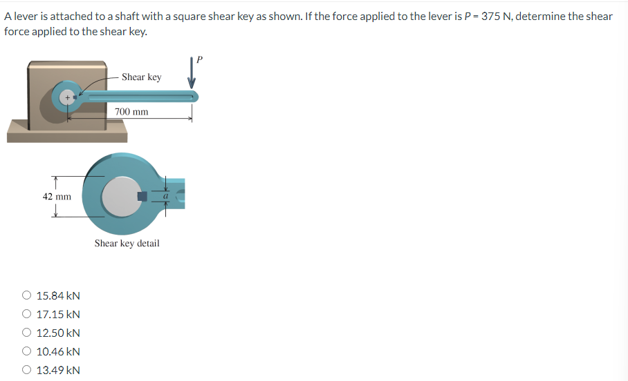 A lever is attached to a shaft with a square shear key as shown. If the force applied to the lever is P = 375 N, determine the shear
force applied to the shear key.
Shear key
42 mm
700 mm
C
15.84 KN
O 17.15 KN
12.50 kN
10.46 kN
O 13.49 KN
Shear key detail