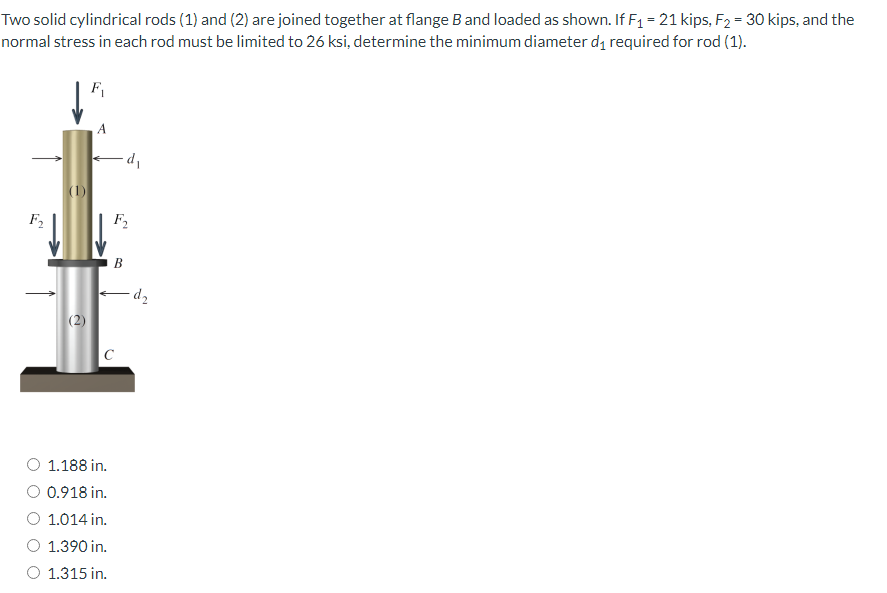 Two solid cylindrical rods (1) and (2) are joined together at flange B and loaded as shown. If F₁ = 21 kips, F₂ = 30 kips, and the
normal stress in each rod must be limited to 26 ksi, determine the minimum diameter d₁ required for rod (1).
F₁
F₂
(1)
F₂
B
с
1.188 in.
0.918 in.
1.014 in.
1.390 in.
O 1.315 in.
d₂