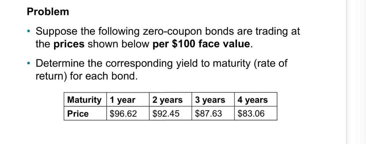 Problem
•
Suppose the following zero-coupon bonds are trading at
the prices shown below per $100 face value.
• Determine the corresponding yield to maturity (rate of
return) for each bond.
Maturity 1 year
Price
$96.62
2 years
3 years
4 years
$92.45
$87.63
$83.06