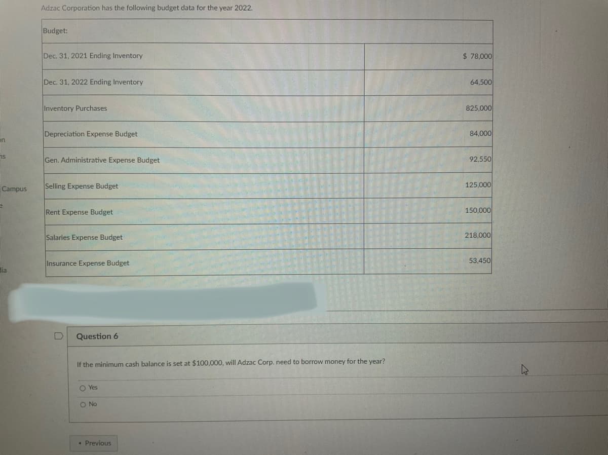 on
75
Campus
e
ia
Adzac Corporation has the following budget data for the year 2022.
Budget:
Dec. 31, 2021 Ending Inventory
Dec. 31, 2022 Ending Inventory
Inventory Purchases
Depreciation Expense Budget
Gen. Administrative Expense Budget
Selling Expense Budget
Rent Expense Budget
Salaries Expense Budget
Insurance Expense Budget
D
Question 6
If the minimum cash balance is set at $100,000, will Adzac Corp. need to borrow money for the year?
O Yes
O No
• Previous
$78,000
64,500
825,000
84,000
92.550
125,000
150,000
218,000
53,450