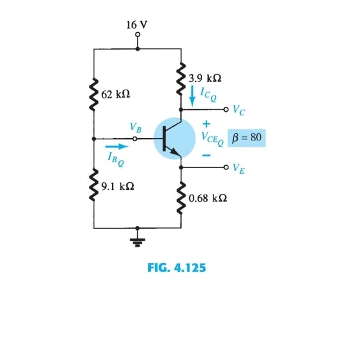 16 V
3.9 k2
ICQ
' 62 kN
o Vc
VB
VCE, B = 80
IBQ
o VE
9.1 k2
0.68 k2
FIG. 4.125
