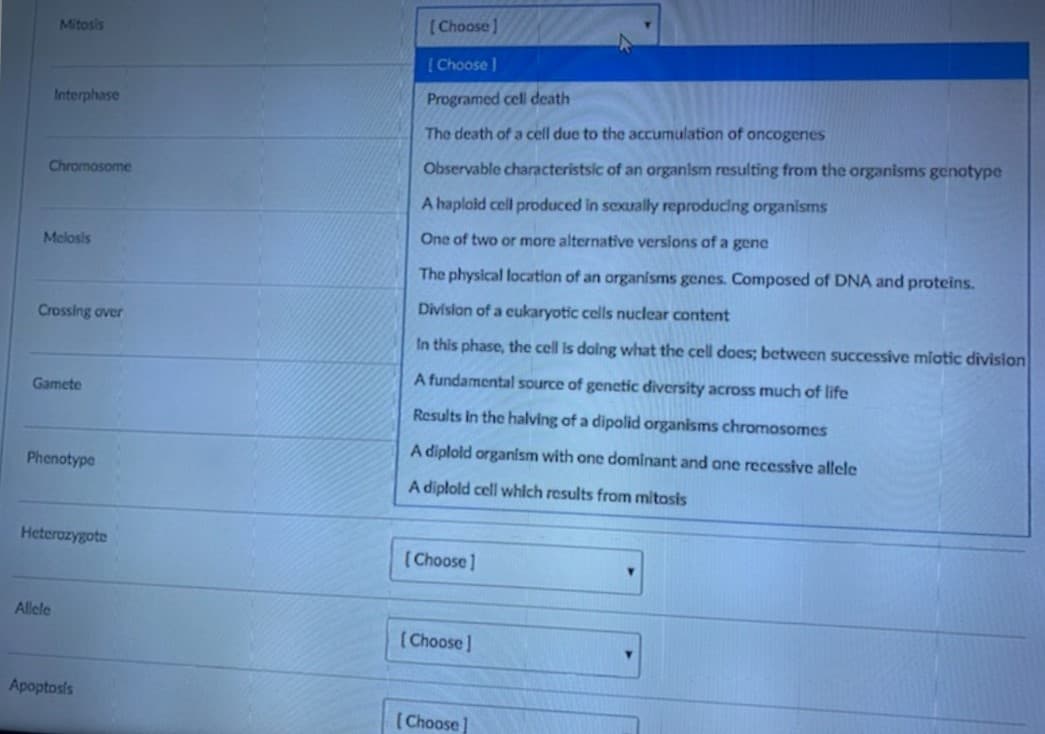 [Choose]
Mitosis
[ Choose
Interphase
Programed cell death
The death of a cell due to the accumulation of oncogenes
Observable characteristsic of an organlsm resulting from the organisms genotype
Chromosome
A haplaid cell produced in sexually reproducing organisms
One of two or more alternative versions of a gene
Melosis
The physical location of an organisms genes. Composed of DNA and proteins.
Division of a cukaryotic cells nuclear content
Crossing over
In this phase, the cell is doing what the cell does; between successive miotic division
A fundamental source of genetic diversity across much of life
Gamete
Results in the halving of a dipolid organisms chromosomes
A diplold organism with one dominant and one recessive allele
Phenotype
A diplold cell which results from mitosis
Heterozygote
(Choose]
Allele
(Choose]
Apoptosls
(Choose)
