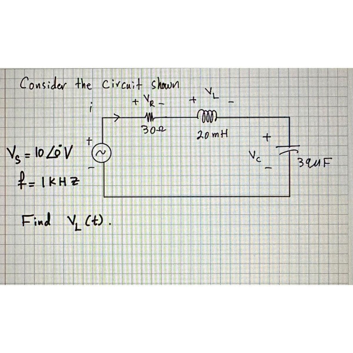 Consider the Circuit shown.
i
t
>
V₂ = 10 LV
f-1KHZ
Find V₂ (t).
~
+
'R
-
M
302
+
V₁
mo
20mH
-
+
Nc
39MF