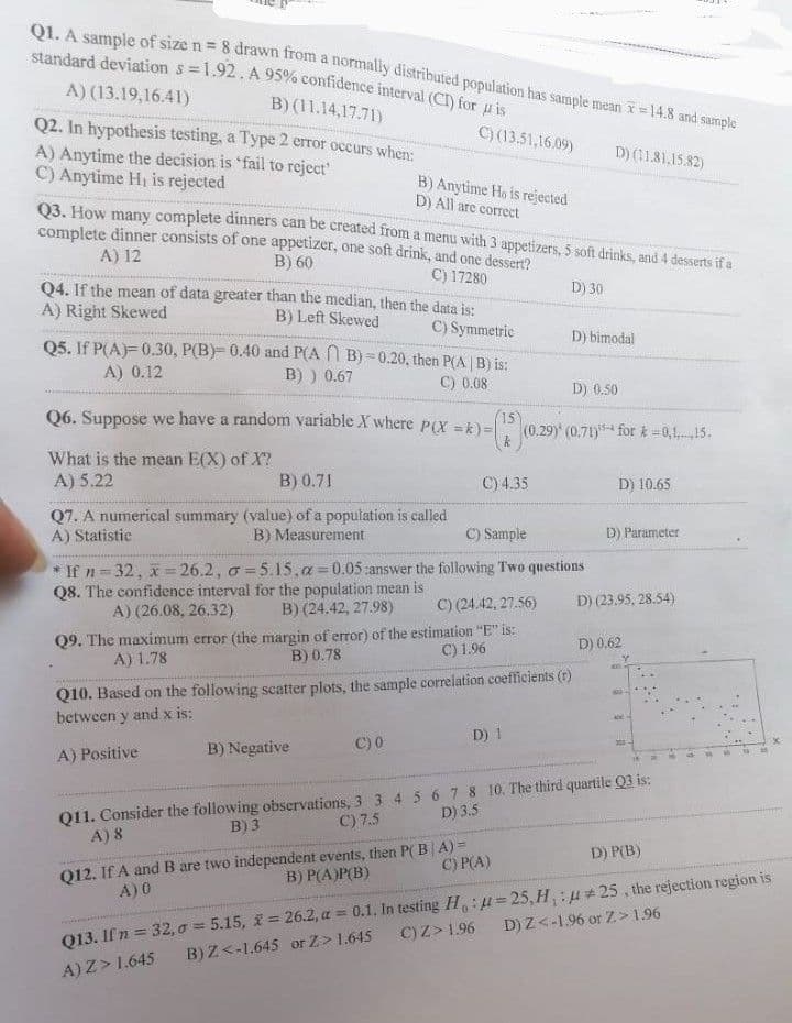 Q1. A sample of size n = 8 drawn from a normally distributed population has sample mean = 14.8 and sample
standard deviation s=1.92. A 95% confidence interval (CI) for 4 is
A) (13.19,16.41)
B) (11.14,17.71)
Q2. In hypothesis testing, a Type 2 error occurs when:
C) (13.51,16.09)
A) Anytime the decision is 'fail to reject'
D) (11.81.15.82)
C) Anytime H, is rejected
B) Anytime Ho is rejected
D) All are correct
Q3. How many complete dinners can be created from a menu with 3 appetizers, 5 soft drinks, and 4 desserts if a
complete dinner consists of one appetizer, one soft drink, and one dessert?
A) 12
B) 60
C) 17280
D) 30
Q4. If the mean of data greater than the median, then the data is:
A) Right Skewed
B) Left Skewed
C) Symmetric
D) bimodal
Q5. If P(A)=0.30, P(B)= 0.40 and P(AB)=0.20, then P(A/B) is:
A) 0.12
B) ) 0.67
C) 0.08
D) 0.50
Q6. Suppose we have a random variable X where P(X = k) = 15
-(1)-(0.29) (0.7
29) (0.71) for k=0,1,15.
What is the mean E(X) of X?
A) 5.22
B) 0.71
C) 4.35
D) 10.65
Q7. A numerical summary (value) of a population is called
A) Statistic
B) Measurement
C) Sample
D) Parameter
*If n=32, x=26.2, o=5.15, a=0.05:answer the following Two questions
Q8. The confidence interval for the population mean is
D) (23.95, 28.54)
A) (26.08, 26.32)
B) (24.42, 27.98)
C) (24.42, 27.56)
Q9. The maximum error (the margin of error) of the estimation "E" is:
A) 1.78
D) 0.62
B) 0.78
C) 1.96
Q10. Based on the following scatter plots, the sample correlation coefficients (r)
between y and x is:
D) 1
C) 0
A) Positive
B) Negative
D) 3.5
C) 7.5
Q11. Consider the following observations, 3 3 4 5 6 7 8 10. The third quartile Q3 is:
B) 3
A) 8
D) P(B)
C) P(A)
Q12. If A and B are two independent events, then P(B|A) =
B) P(A)P(B)
A) 0
D) Z<-1.96 or Z> 1.96
=25,H₁:25, the rejection region is
Q13. If n = 32,0 = 5.15, = 26.2, a = 0.1. In testing Ho:
B) Z<-1.645 or Z> 1.645 C) Z> 1.96
A) Z> 1.645