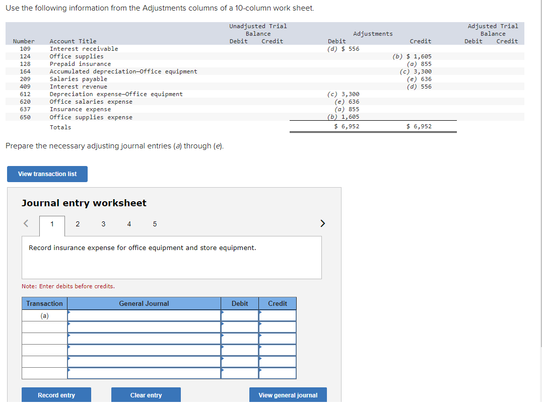 Use the following information from the Adjustments columns of a 10-column work sheet.
Unadjusted Trial
Balance
Debit
Adjusted Trial
Balance
Adjustments
Number
Account Title
Credit
Debit
Credit
Debit
Credit
109
Interest receivable
(d) $ 556
Office supplies
Prepaid insurance
Accumulated depreciation-Office equipment
Salaries payable
Interest revenue
(b) $ 1,605
(a) 855
(с) 3,300
(е) 636
(d) 556
124
128
164
209
409
(c) 3,300
(е) 636
(а) 855
(b) 1,605
Depreciation expense-Office equipment
Office salaries expense
612
620
637
Insurance expense
650
Office supplies expense
Totals
$ 6,952
$ 6,952
Prepare the necessary adjusting journal entries (a) through (e).
View transaction list
Journal entry worksheet
1
2
3
4 5
>
Record insurance expense for office equipment and store equipment.
Note: Enter debits before credits.
Transaction
General Journal
Debit
Credit
(a)
Record entry
Clear entry
View general journal
