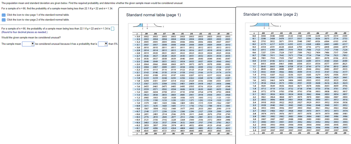 The population mean and standard deviation are given below. Find the required probability and determine whether the given sample mean would be considered unusual.
For a sample of n = 66, find the probability of a sample mean being less than 22.1 if u = 22 and o = 1.34.
E Click the icon to view page 1 of the standard normal table.
Standard normal table (page 1)
Standard normal table (page 2)
E Click the icon to view page 2 of the standard normal table.
For a sample of n = 66, the probability of a sample mean being less than 22.1 if u = 22 and o = 1.34 is
(Round to four decimal places as needed.)
.09
.08
.07
.06
.05
.04
.03
.02
.01
.00
01
.02
.03
04
.05
.07
08
.09
-3.4
.0002
.0003
.0003
.0003
.0003
0003
.0003
.0003
.0003
0003
0.0
.5000
.5040
.5080
.5120
5160
5199
.5239
5279
.5319
.5359
Would the given sample mean be considered unusual?
0.1
.5398
.5438
5478
.5517
.5557
5596
.5636
5675
.5714
.5753
- 3.3
- 3.2
- 3.1
- 3.0
.0003
.0004
.0004
.0004
.0004
0004
.0004
.0005
.0005
.0005
0.2
.5793
5832
5871
.5910
.5948
5987
.6026
.6064
.6103
6141
.0005
.0005
.0005
.0006
.0006
0006
.0006
.0006
.0007
0007
The sample mean
V be considered unusual because it has a probability that is
V than 5%.
0008
0008
0008
0.3
.6179
.6217
.6255
.6293
.6331
.6368
.6406
6443
.6480
.6517
0009
.0012
.0007
.0007
.0008
.0009
.0009
.0010
.0013
0.4
.6554
.6591
.6628
.6664
.6700
.6736
.6772
.6808
.6844
.6879
.0013
.0019
.0010
.0010
.0011
.0011
.0011
0012
.0013
0.5
.6915
.6950
.6985
.7019
.7054
.7088
.7123
.7157
.7190
7224
- 2.9
- 2.8
- 2.7
- 2.6
.0014
.0014
.0015
.0015
.0016
0016
.0017
.0018
.0018
.0019
.0020
.0021
.0021
.0022
0023
.0023
.0024
.0025
.0026
0.6
.7257
7291
.7324
.7357
.7389
.7422
7454
.7486
.7517
.7549
.7704
.7995
8264
.0026
.0027
.0028
.0029
.0030
0031
.0032
.0033
.0034
.0035
0.7
.7580
7611
.7642
7673
.7734
7764
.7794
.7823
.7852
.7881
8159
.8023
8289
.0036
.0037
.0038
.0039
.0040
0041
.0043
.0044
.0045
.0047
0.8
.7910
.7939
7967
.8051
.8078
.8106
8133
-2.5
.0048
.0049
.0051
.0052
.0054
0055
.0057
.0059
.0060
.0062
0.9
8186
.8212
.8238
.8315
.8340
.8365
8389
8485
.8708
-2.4
.0064
.0066
.0068
.0069
.0071
0073
.0075
.0078
.0080
.0082
1.0
.8413
8438
.8461
8508
.8531
.8554
.8577
8599
8621
-2.3
.0084
.0087
.0089
.0091
.0094
0096
.0099
.0102
.0104
0107
1.1
.8643
.8665
8686
8729
.8749
8770
.8790
.8810
8830
1.2
.8849
8869
.8888
.8907
.8925
8944
.8962
.8980
.8997
.9015
- 2.2
- 2.1
- 2.0
- 1.9
- 1.8
- 1.7
.0110
.0113
.0116
.0119
.0122
0125
.0129
.0132
.0136
0139
.0143
.0146
.0150
.0154
.0158
0162
.0166
.0170
.0174
0179
1.3
9032
.9049
.9066
.9082
.9099
9115
.9131
.9147
.9162
.9177
.0183
.0188
.0192
.0197
.0202
0207
.0212
.0217
.0222
.0228
1.4
9192
.9207
.9222
.9236
.9251
.9265
.9279
.9292
.9306
.9319
.9441
.9545
.9382
9394
.9505
.0233
.0239
.0244
.0250
.0256
0262
.0268
.0274
.0281
.0287
1.5
.9332
.9345
.9357
.9370
.9406
.9418
.9429
.9484
.9582
.9515
.9608
.0294
.0301
.0307
0314
.0322
0329
.0336
.0344
.0351
0359
1.6
.9452
.9463
.9474
.9495
.9525
.9535
.0367
.0375
.0384
.0392
1.7
.9554
.9564
.9573
.9591
9599
.9616
.9625
.9633
.0401
0409
.0418
.0427
.0436
0446
9678
.9744
.9798
1.8
.9641
.9649
9656
.9664
.9671
.9686
.9693
.9699
.9706
- 1.6
- 1.5
- 1.4
- 1.3
- 1.2
- 1.1
- 1.0
.0455
.0465
.0475
.0485
.0495
0505
.0516
.0526
.0537
.0548
.0559
.0571
.0582
.0594
.0606
0618
.0630
.0643
.0655
.0668
1.9
.9713
.9719
.9726
.9732
.9738
9750
.9756
.9761
.9767
.0681
.0694
.0708
.0721
.0735
0749
.0764
.0778
.0793
0808
2.0
.9772
.9778
9783
.9788
.9793
.9803
.9808
.9812
.9817
9838
.9875
.0823
.0838
.0853
.0869
.0885
0901
0918
2.1
.9821
.9826
.9830
.9834
.9842
.9846
9850
.9854
.9857
.0934
.0951
.0968
1112
.9871
.0985
.1003
.1020
.1038
.1056
.1075
.1093
.1131
.1151
2.2
.9861
.9864
.9868
.9878
.9881
9884
.9887
.9890
.1170
.1190
.1210
.1230
.1251
.1271
.1292
.1314
.1335
.1357
2.3
.9893
.9896
.9898
.9901
9904
.9906
.9909
.9911
.9913
.9916
.1379
.1401
.1423
.1446
.1469
.1492
.1515
.1539
.1562
.1587
2.4
.9918
.9920
.9922
.9925
.9927
.9929
.9931
.9932
.9934
.9936
9945
.9959
.9969
.9946
.9960
.9970
.9978
.9984
-0.9
.1611
.1635
.1660
.1685
.1711
.1736
.1762
.1788
.1814
.1841
2.5
.9938
9940
.9941
.9943
.9948
.9949
.9951
9952
-0.8
.1867
.1894
.1922
.1949
.1977
2005
.2033
2061
.2090
2119
2.6
.9953
.9955
.9956
.9957
9961
.9962
.9963
9964
9974
.9981
-0.7
.2148
2177
2206
.2236
2266
2296
.2327
.2358
2389
2420
2.7
.9965
.9966
.9967
.9968
.9971
.9972
.9973
-0.6
.2451
2483
2514
.2546
.2578
2611
.2643
2676
.2709
2743
2.8
.9974
.9975
.9976
9977
.9977
.9979
.9979
.9980
-0.5
.2776
2810
.2843
.2877
2912
2946
.2981
3015
.3050
3085
2.9
.9981
.9982
.9982
9983
.9984
.9985
.9985
.9986
.9986
3.0
.9987
.9987
.9987
.9988
.9988
.9989
9989
.9989
.9990
.9990
3300
3669
-0.4
3121
.3156
.3192
.3228
.3264
.3336
3372
.3409
3446
-0.3
.3483
.3520
.3557
.3594
3632
.3707
3745
.3783
3821
3.1
.9990
.9991
.9991
.9991
.9992
.9992
.9992
.9992
9993
.9993
.9994
.9996
-0.2
.3859
.3897
3936
.3974
4013
4052
.4090
4129
4168
4207
3.2
9993
9993
9994
9994
9994
.9994
9995
.9995
9995
-0.1
4247
4286
.4325
4364
4404
4443
.4483
4522
4562
4602
3.3
9995
.9995
.9995
9996
.9996
.9996
.9996
.9996
.9997
-0.0
4641
4681
.4721
.4761
4801
4840
.4880
4920
4960
5000
3.4
9997
.9997
.9997
.9997
.9997
9997
.9997
.9997
.9997
.9998
.09
.08
.07
.06
.05
,04
.03
.02
.01
.00
.00
.01
.02
.03
.04
.05
.06
.07
.08
.09
