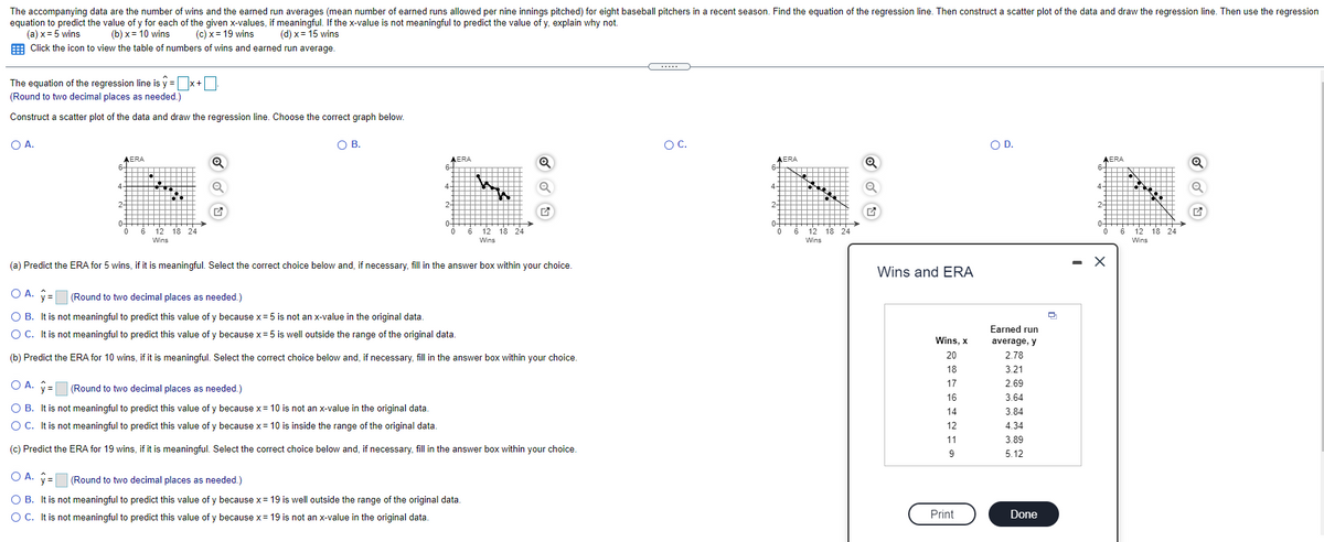 The accompanying data are the number of wins and the earned run averages (mean number of earned runs allowed per nine innings pitched) for eight baseball pitchers in a recent season. Find the equation of the regression line. Then construct a scatter plot of the data and draw the regression line. Then use the regression
equation to predict the value of y for each of the given x-values, if meaningful. If the x-value is not meaningful to predict the value of y, explain why not.
(a) x = 5 wins
(b) x = 10 wins
(c) x = 19 wins
(d) x = 15 wins
E Click the icon to view the table of numbers of wins and earned run average.
The equation of the regression line is y =x+
(Round to two decimal places as needed.)
Construct a scatter plot of the data and draw the regression line. Choose the correct graph below.
OA.
OB.
OC.
OD.
AERA
6-
AERA
AERA
AERA
2-
2-
2-
0-
0-
12
18 24
12
18 24
12
18 24
12 18 24
Wins
Wins
Wins
Wins
(a) Predict the ERA for 5 wins, if it is meaningful. Select the correct choice below and, if necessary, fill in the answer box within your choice.
- X
Wins and ERA
O A. V=
(Round to two decimal places as needed.)
O B. It is not meaningful to predict this value of y because x= 5 is not an x-value in the original data.
Earned run
OC. Itis not meaningful to predict this value of y because x= 5 is well outside the range of the original data.
Wins, x
average, y
(b) Predict the ERA for 10 wins, if it is meaningful. Select the correct choice below and, if necessary, fill in the answer box within your choice.
20
2.78
18
3.21
O A. ý=
17
2.69
(Round to two decimal places as needed.)
16
3.64
O B. It is not meaningful to predict this value of y because x= 10 is not an x-value in the original data.
14
3.84
O C. It is not meaningful to predict this value of y because x= 10 is inside the range of the original data.
12
4.34
11
3.89
(c) Predict the ERA for 19 wins, if it is meaningful. Select the correct choice below and, if necessary, fill in the answer box within your choice.
9
5.12
O A. ý=
(Round to two decimal places as needed.)
O B. It is not meaningful to predict this value of y because x= 19 is well outside the range of the original data.
O C. It is not meaningful to predict this value of y because x= 19 is not an x-value in the original data.
Print
Done
