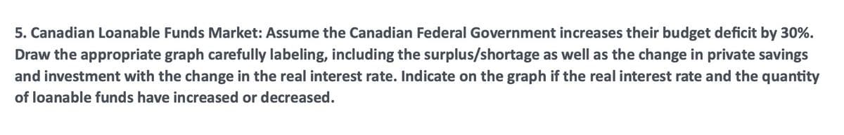 5. Canadian Loanable Funds Market: Assume the Canadian Federal Government increases their budget deficit by 30%.
Draw the appropriate graph carefully labeling, including the surplus/shortage as well as the change in private savings
and investment with the change in the real interest rate. Indicate on the graph if the real interest rate and the quantity
of loanable funds have increased or decreased.