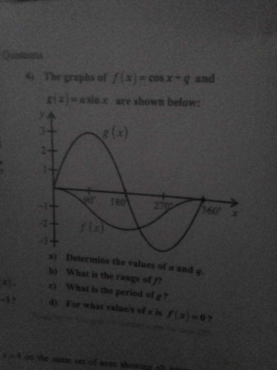 4) The graphs of f(x)=cosx+q and
g(x)=asiax are shown below:
8 (x)
90°
f(x)
180
2702
4 on the same set of axes showing
360°
-3+
a) Determine the values of a and q.
b) What is the range of f?
c)
What is the period of g?
d) For what values of x is f(x)=07