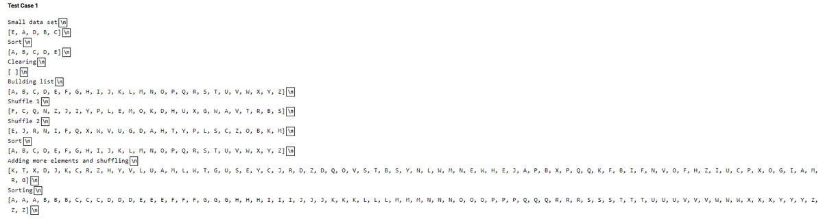 Test Case 1
Small data set \n
[Е, А, D, B, с]\n
Sort n
[А, В, с, D, E]|n
Clearing n
[ ] n
Building list \n
[А, в, с, D, Е, F, G, H, І, J, к, L, м, N, о, Р, Q, R, S, т, U, v, w, х, Y, 2]|\n|
Shuffle 1\n
ГЕ, с, 9, N, Z, J, I, Y, Р, L, E, M, о, к, D, н, и, х, G, w, A, V, т, R, В, S]n
Shuffle 2 \n
[Е, Ј, R, N, I, F, Q, х, W, V, U, G, D, A, H, т, Ү, Р, L, s, C, Z, 0, в, к, м]| n
Sort In
[А, В, с, D, Е, F, G, H, І, J, к, L, м, N, о, Р, Q, R, S, т, U, v, w, х, Y, 2]|m
Adding more elements and shuffling In
[к, т, х, D, J, к, с, R, z, н, Y, V, L, U, A, M, L, w, т, G, U, s, E, Y, C, J, R, D, Z, D, Q, 0, V, s, т, в, S, Y, N, L, W, M, N, Е, W, H, Е, J, А, Р, в, х, Р, Q, Q. к, F, В, I, F, N, V, о, F, н, Z, I, U, с, Р, х, 0, G, I, A, м,
R, G] \n
Sorting In
[А, А, А, В, в, в, с, с, с, D, D, D, E, E, Е, F, F, F, G, G, G, н, н, н, I, І, І, Ј, , 3, к, к, к, L, L, L, м, м, м, N, N, N, о, о, о, р, Р, Р, 0, 0, 0. R, R, R, S, S, S, т, т, т, и, и, U, v, v, v, w, w, м, х, х, х, у, Ү, Ү, Z,
z, z] \n
s и
