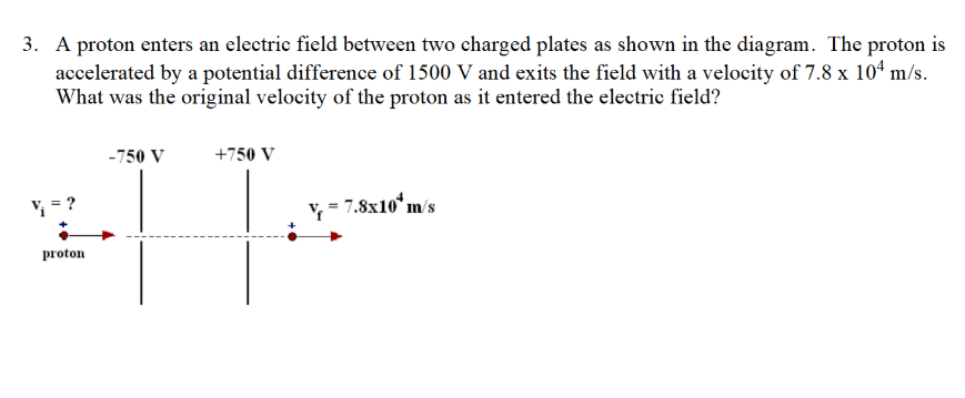 3. A proton enters an electric field between two charged plates as shown in the diagram. The proton is
accelerated by a potential difference of 1500 V and exits the field with a velocity of 7.8 x 104 m/s.
What was the original velocity of the proton as it entered the electric field?
-750 V
+750 V
V; = ?
v, = 7.8x10" m/s
proton
