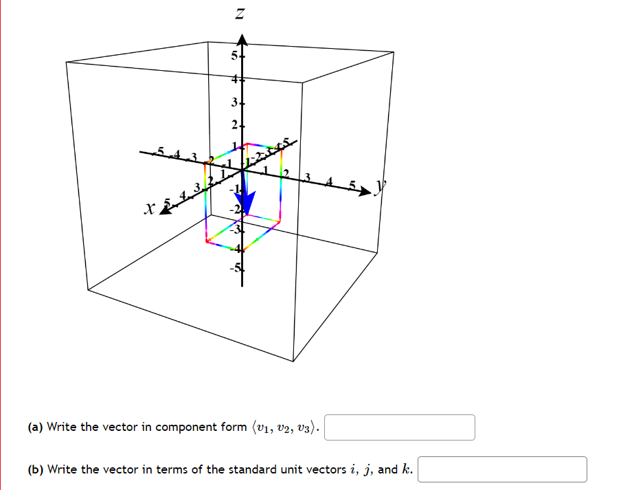 5-
%23
34
24
543
3
(a) Write the vector in component form (v1, v2, v3).
(b) Write the vector in terms of the standard unit vectors i, j, and k.
