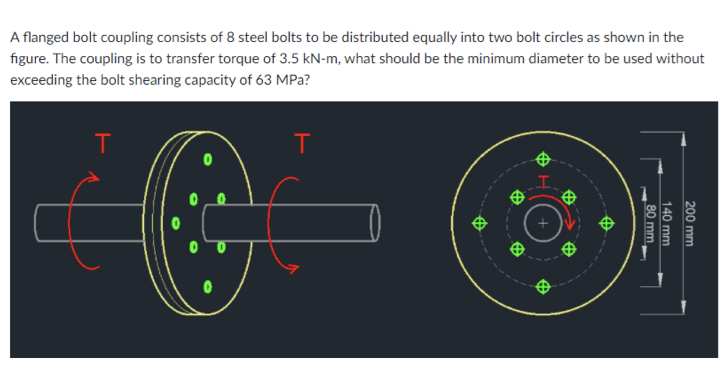 A flanged bolt coupling consists of 8 steel bolts to be distributed equally into two bolt circles as shown in the
figure. The coupling is to transfer torque of 3.5 kN-m, what should be the minimum diameter to be used without
exceeding the bolt shearing capacity of 63 MPa?
+
%24
200 mm
140 mm
80 mm
