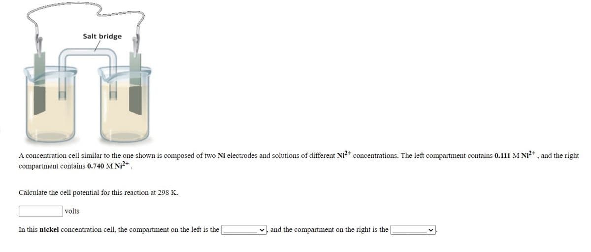 Salt bridge
A concentration cell similar to the one shown is composed of two Ni electrodes and solutions of different Ni* concentrations. The left compartment contains 0.111 M Ni?+ , and the right
compartment contains 0.740 M Ni²+ .
Calculate the cell potential for this reaction at 298 K.
volts
In this nickel concentration cell, the compartment on the left is the
and the compartment on the right is the
