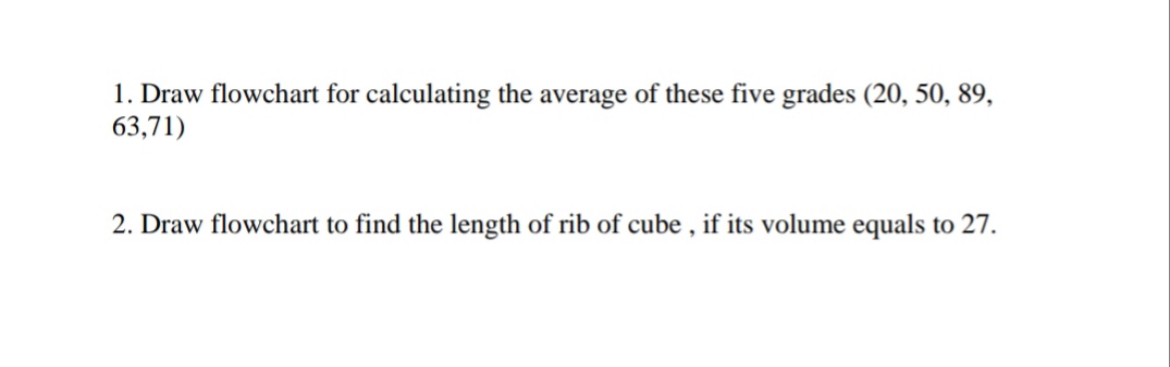 1. Draw flowchart for calculating the average of these five grades (20, 50, 89,
63,71)
2. Draw flowchart to find the length of rib of cube , if its volume equals to 27.
