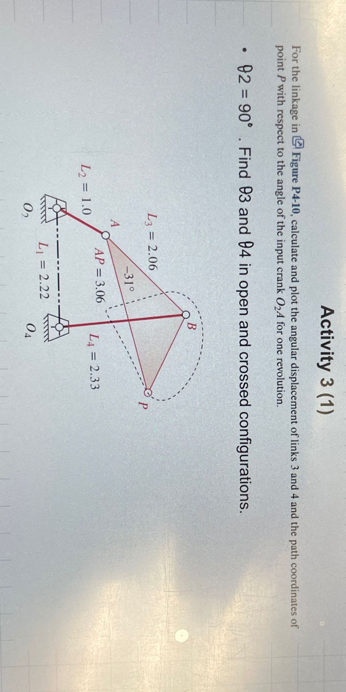 Activity 3 (1)
For the linkage in Figure P4-10, calculate and plot the angular displacement of links 3 and 4 and the path coordinates of
point P with respect to the angle of the input crank O₂A for one revolution.
92 90° Find 93 and 94 in open and crossed configurations.
• =
L3 = 2.06
-31°
A
L₂ = 1.0
AP = 3.06
B
L4 = 2.33
L₁ = 2.22
02
Од
P