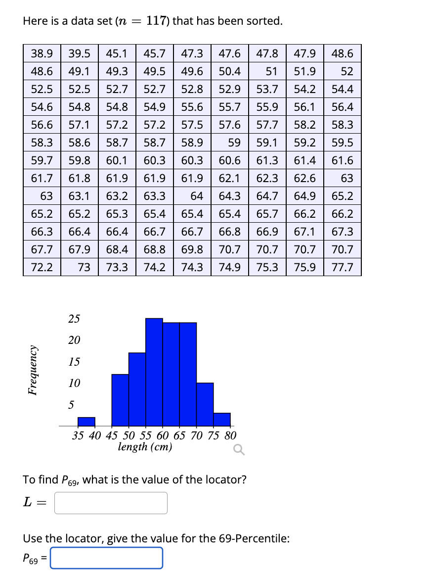 ### Data Set Analysis

**Here is a data set \((n = 117)\) that has been sorted:**

\[
\begin{array}{cccccccc}
38.9 & 39.5 & 45.1 & 45.7 & 47.3 & 47.6 & 47.8 & 47.9 \\
48.6 & 49.1 & 49.3 & 49.5 & 49.6 & 50.4 & 51 & 51.9 \\
52 & 52.5 & 52.7 & 52.7 & 52.8 & 52.9 & 53.7 & 54.2 \\
54.4 & 54.6 & 54.8 & 54.8 & 54.9 & 55.6 & 55.7 & 55.9 \\
56.1 & 56.4 & 56.6 & 57.1 & 57.2 & 57.2 & 57.5 & 57.6 \\
57.7 & 58.2 & 58.3 & 58.3 & 58.6 & 58.7 & 58.7 & 58.9 \\
59 & 59.1 & 59.2 & 59.5 & 59.7 & 59.8 & 60.1 & 60.3 \\
60.3 & 60.6 & 61.3 & 61.4 & 61.6 & 61.7 & 61.8 & 61.9 \\
61.9 & 61.9 & 62.1 & 62.3 & 62.6 & 63 & 63 & 63.1 \\
63.2 & 63.3 & 64 & 64.3 & 64.7 & 64.9 & 65.2 & 65.2 \\
65.3 & 65.4 & 65.4 & 65.4 & 65.7 & 66.2 & 66.2 & 66.3 \\
66.4 & 66.4 & 66.7 & 66.7 & 66.8 & 66.9 & 67.1 & 67.